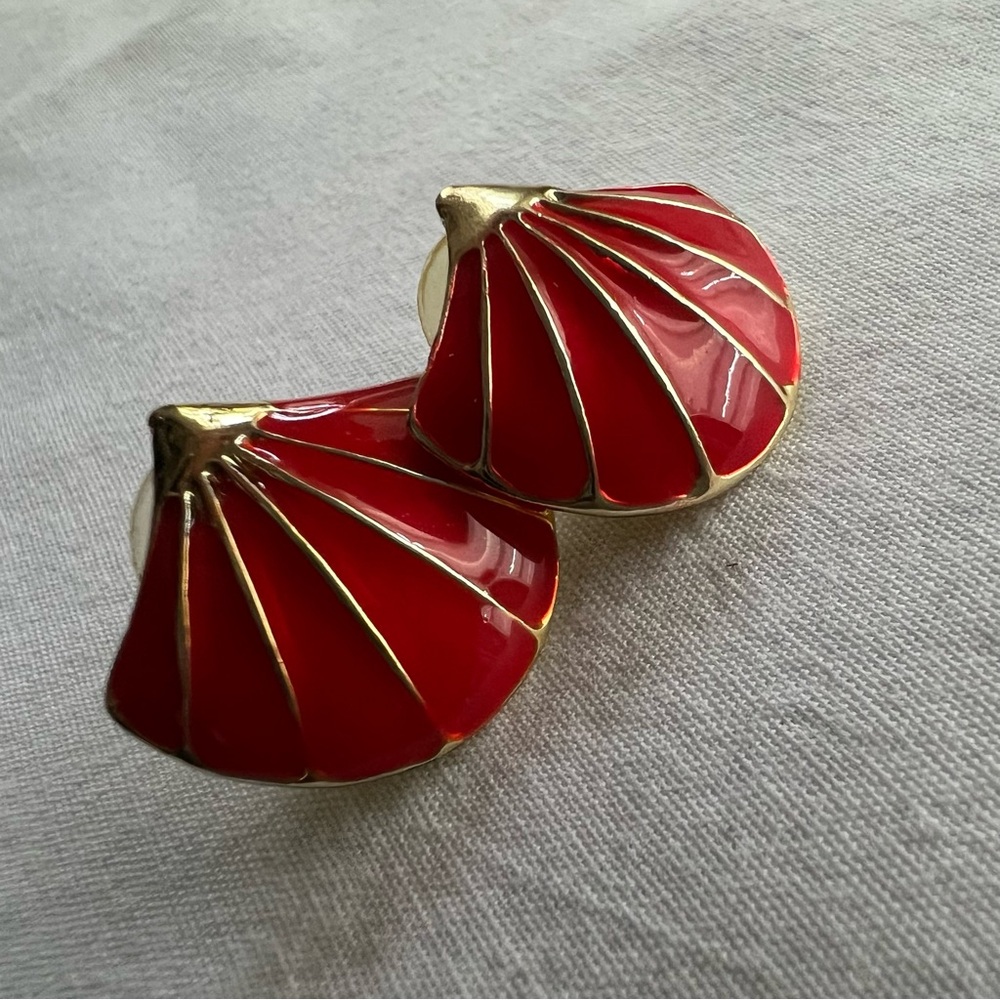 Vintage Red and Gold Shell Enamel Earrings